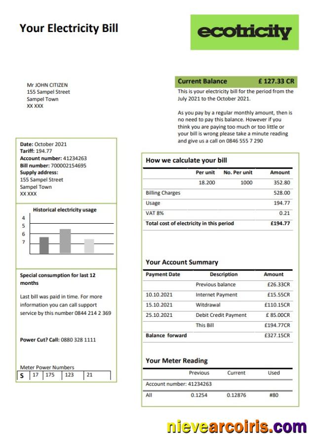 United Kingdom Ecotricity electricity utility bill